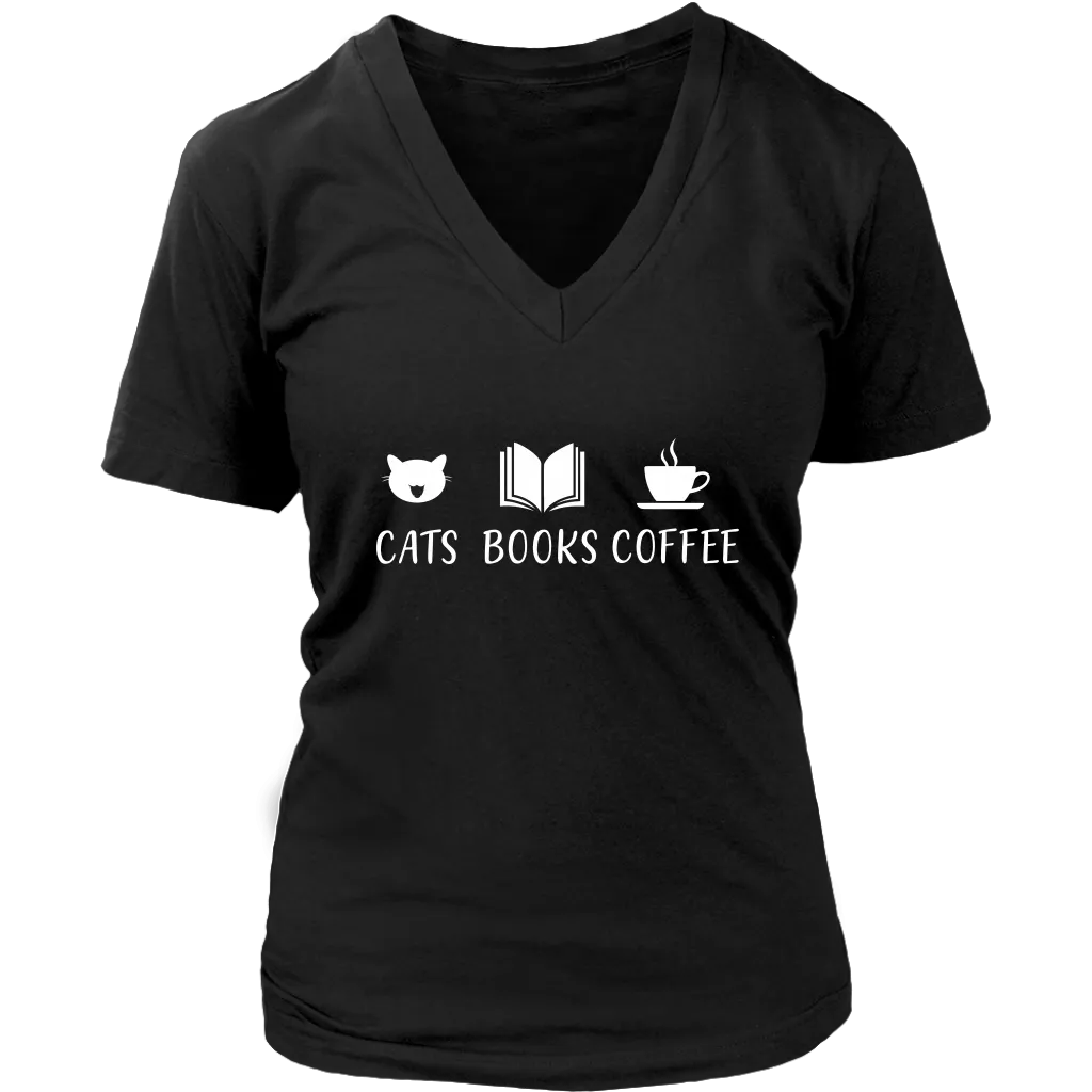 "Cats Books Coffee" V-neck Tshirt