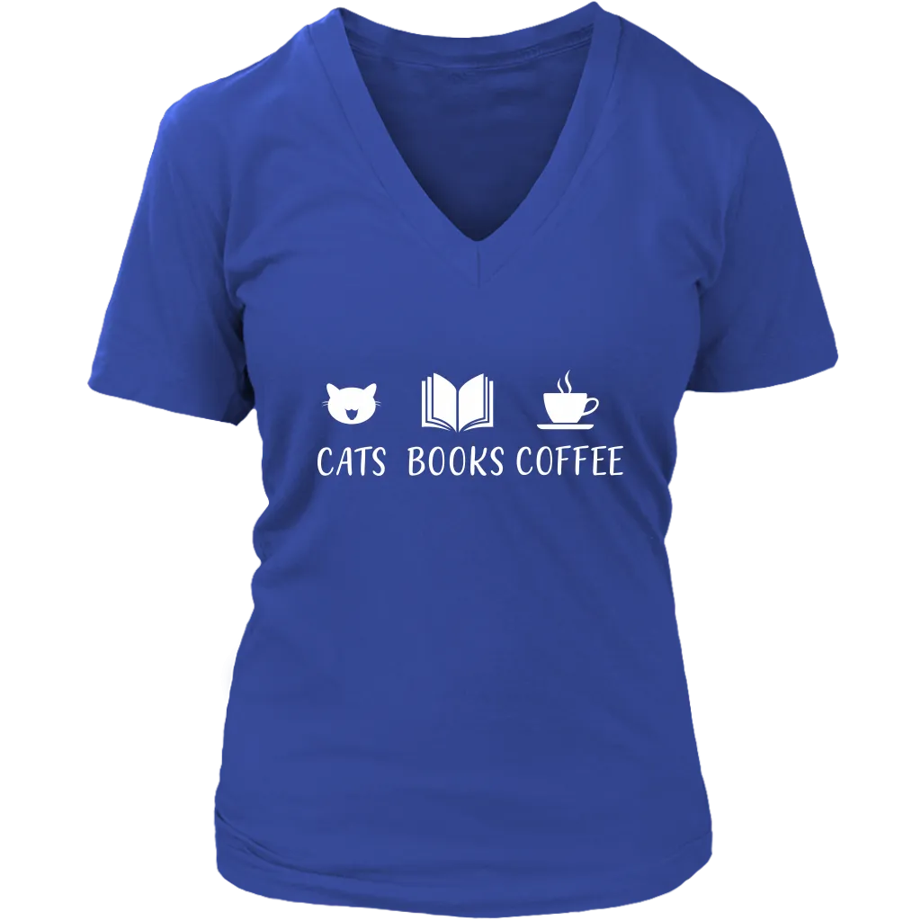 "Cats Books Coffee" V-neck Tshirt