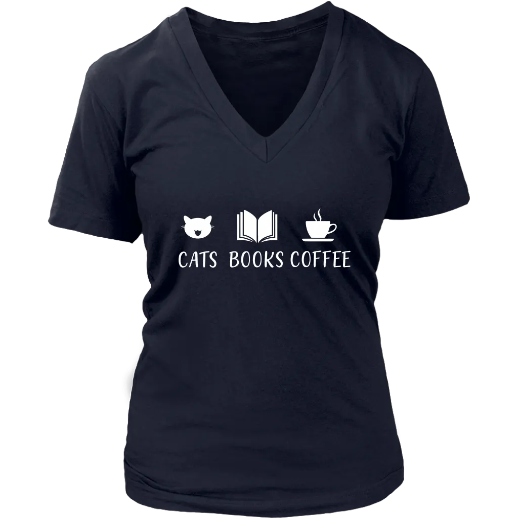 "Cats Books Coffee" V-neck Tshirt