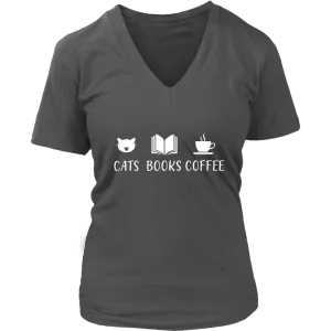 "Cats Books Coffee" V-neck Tshirt