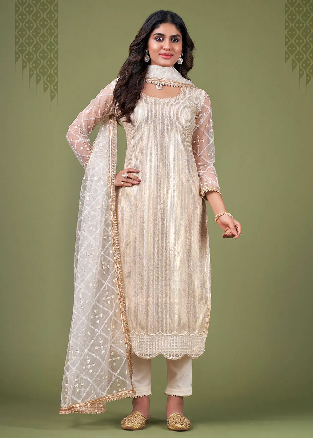 Radiant White Cream Tone to Tone Embroidered Salwar Kameez