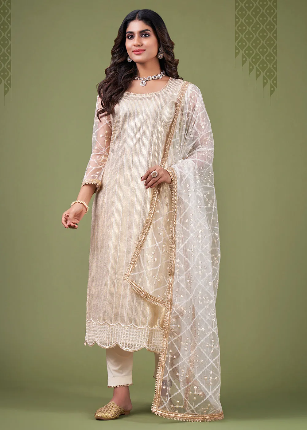 Radiant White Cream Tone to Tone Embroidered Salwar Kameez