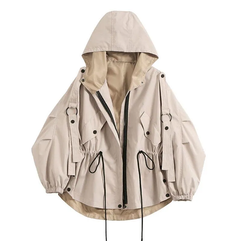 Sale Beige Hooded Windbreaker Elastic Waist Jacket