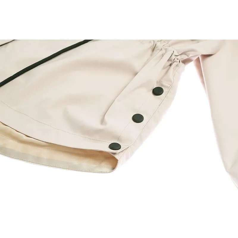 Sale Beige Hooded Windbreaker Elastic Waist Jacket