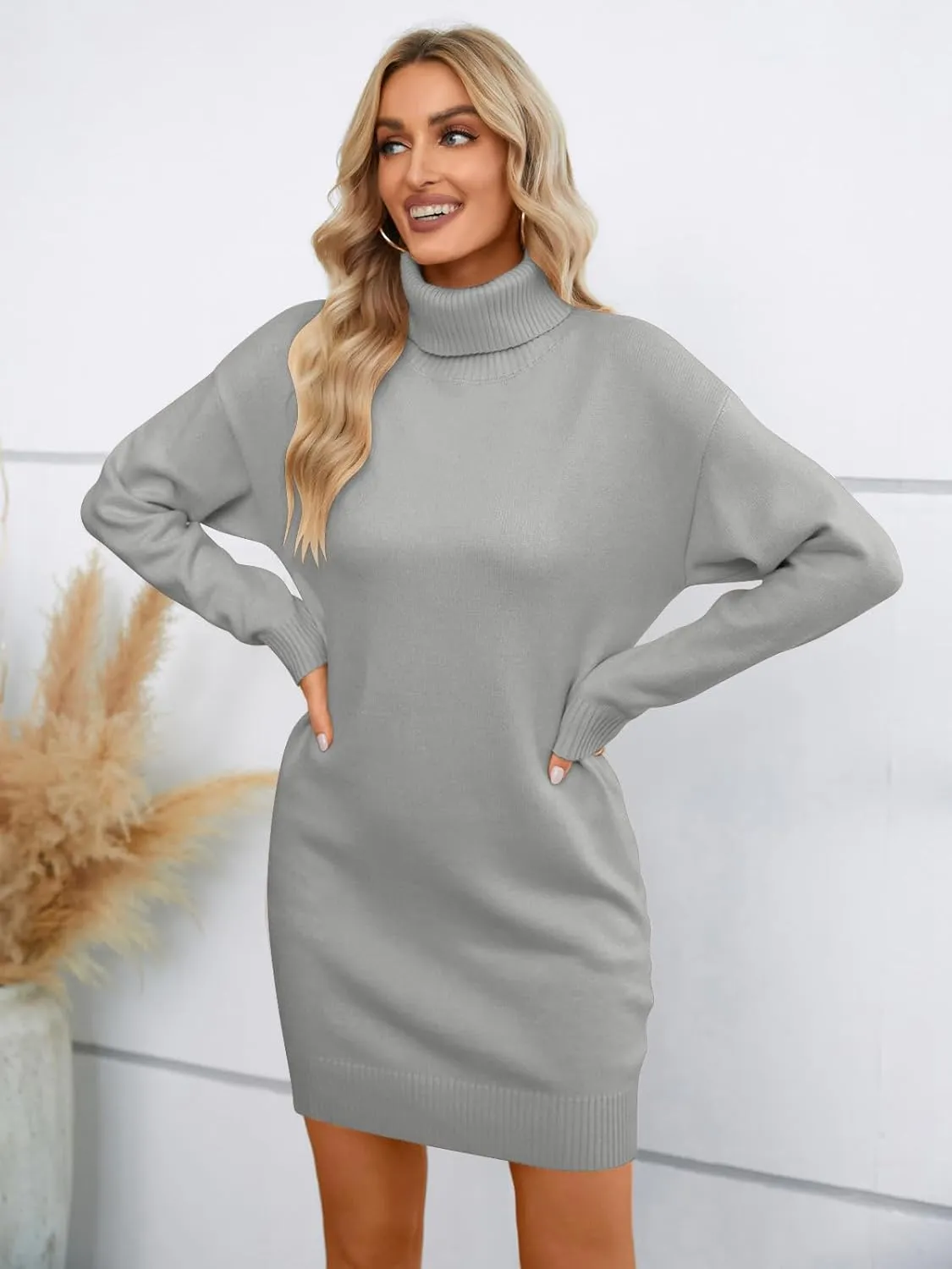 SENFURE Women Turtleneck Sweater Dress Oversized Long Sleeve Knit Pullover Fall Sweater Short Dresses