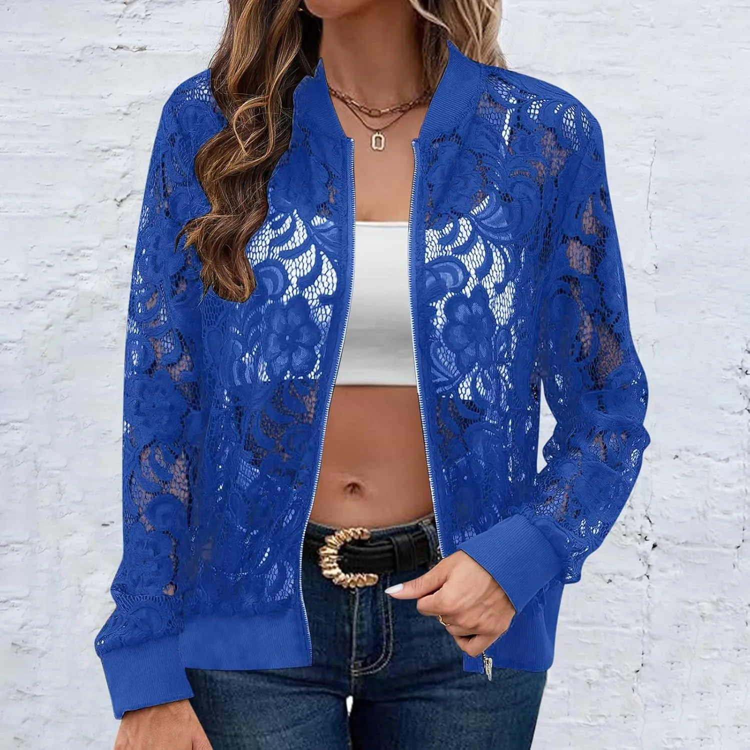 Sinzelimin Womens Lace Flroal Jacket Fashion Zipper Hollow Casual Outwear & Jackets Lightweight Cardigan Clubwear Blouse Tops