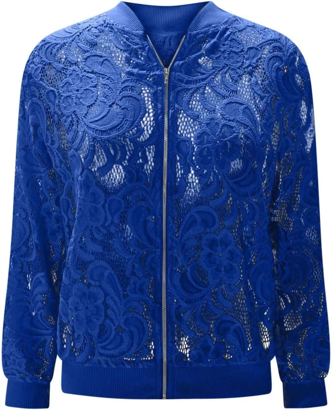 Sinzelimin Womens Lace Flroal Jacket Fashion Zipper Hollow Casual Outwear & Jackets Lightweight Cardigan Clubwear Blouse Tops