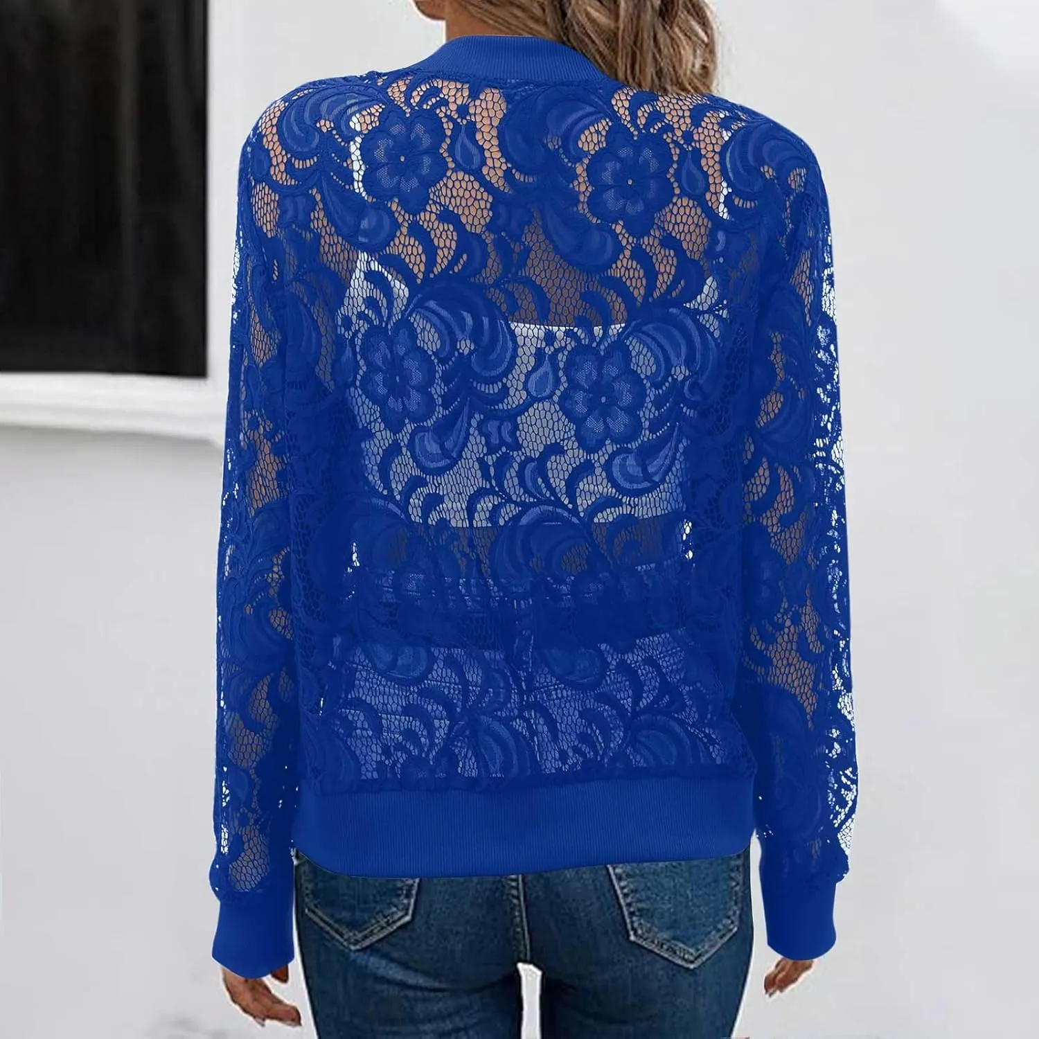 Sinzelimin Womens Lace Flroal Jacket Fashion Zipper Hollow Casual Outwear & Jackets Lightweight Cardigan Clubwear Blouse Tops