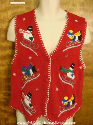 Sledding Snowmen Funny Christmas Sweater Vest