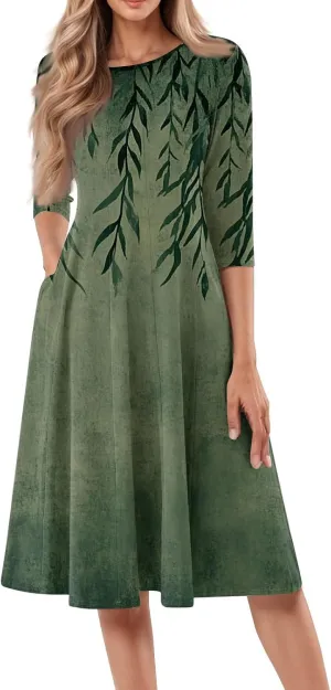 Summer Dresses for Women Aline Flowy Tshirt Dress Casual Floral 3/4 Sleeve Dress Beach Midi Dresses with Pockets