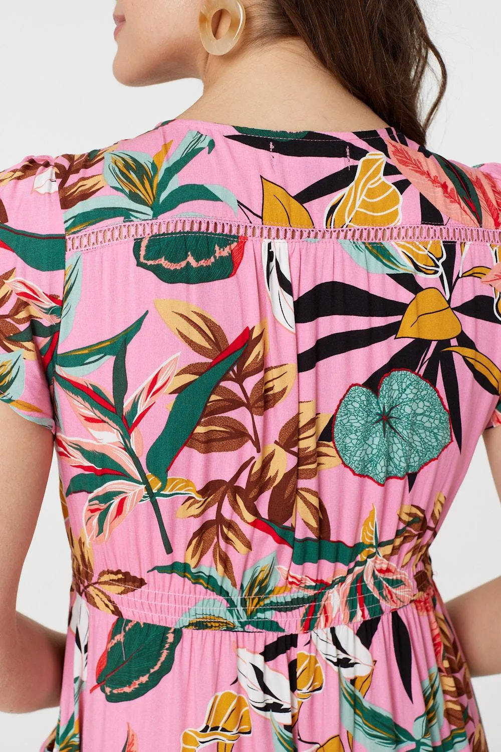 Tropical Print Angel Sleeve Maxi Dress