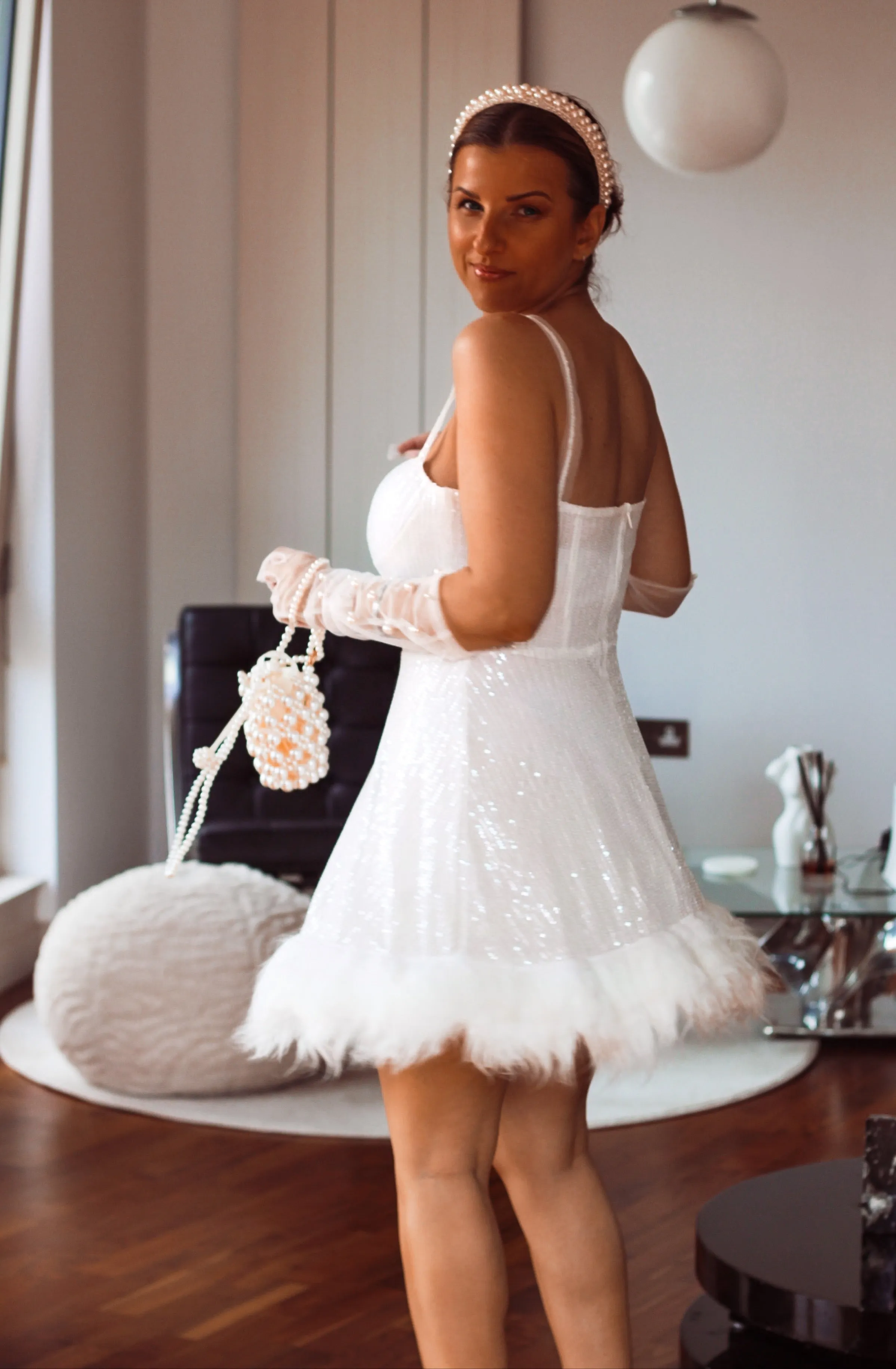 White Sequin Mini Engagement Dress