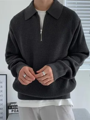 Wiaofellas Men's Sweater Zip Sweater Pullover Ribbed Knit Tunic Half Zip Knitted Plain Turndown Keep Warm Modern Contemporary Work Daily Wear Clothing Apparel Fall & Winter Black Khaki M L XL