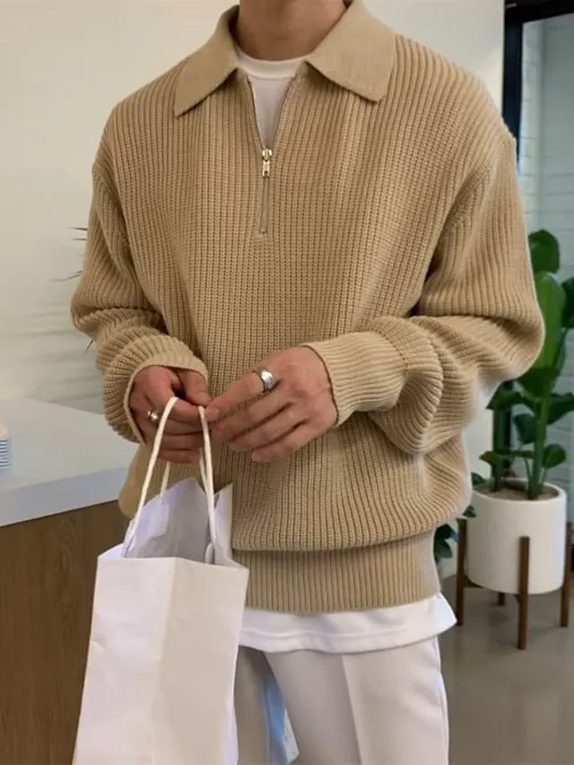 Wiaofellas Men's Sweater Zip Sweater Pullover Ribbed Knit Tunic Half Zip Knitted Plain Turndown Keep Warm Modern Contemporary Work Daily Wear Clothing Apparel Fall & Winter Black Khaki M L XL