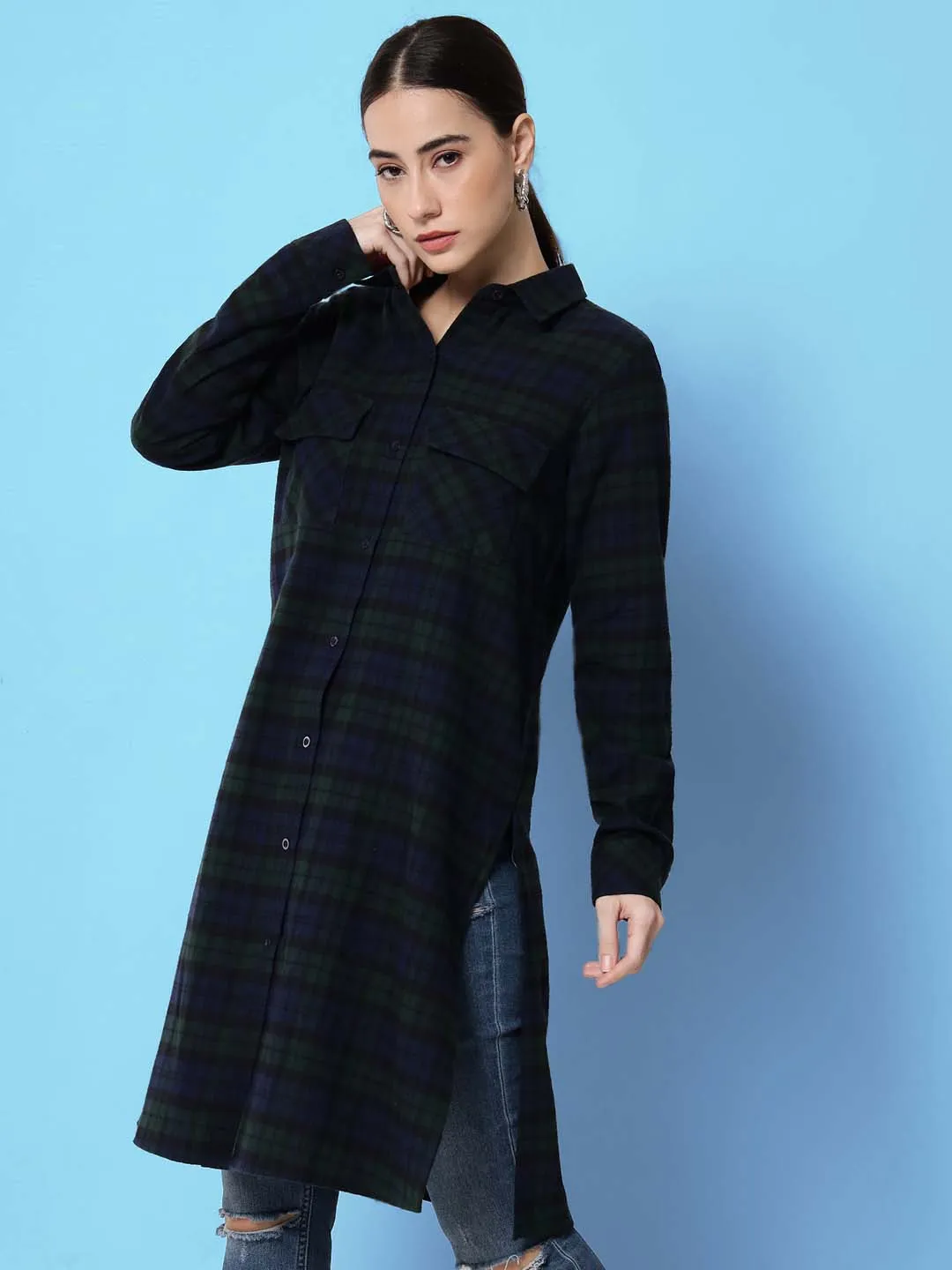 Women Blue Relaxed Tartan Checked Casual Long Shirt