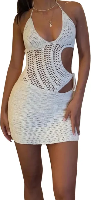 Women Halter Bodycon Mini Dress Hollow Out Backless Knitted Dress Sexy Beach Party Vacation Dress