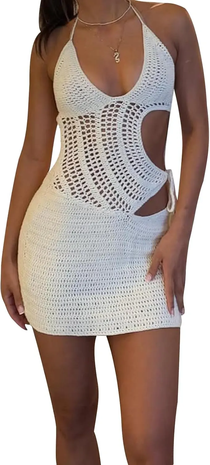 Women Halter Bodycon Mini Dress Hollow Out Backless Knitted Dress Sexy Beach Party Vacation Dress