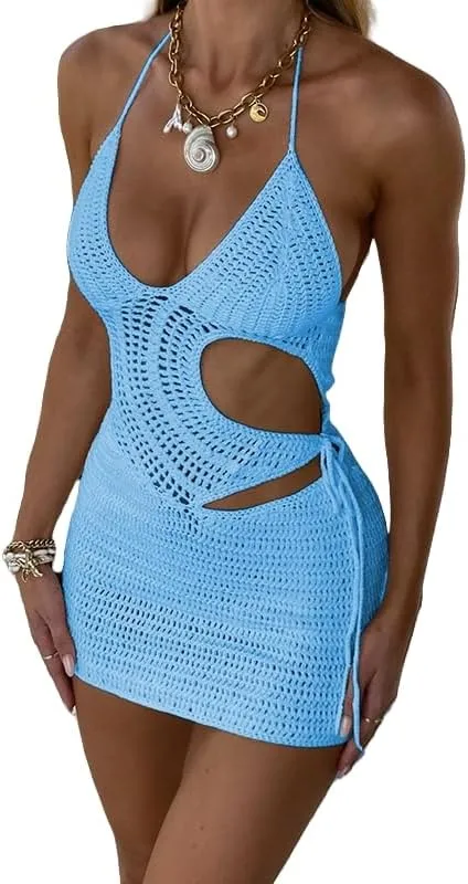 Women Halter Bodycon Mini Dress Hollow Out Backless Knitted Dress Sexy Beach Party Vacation Dress
