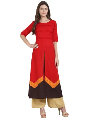 Women Red Half Sleeve Cotton A-Line Front Slit Kurta