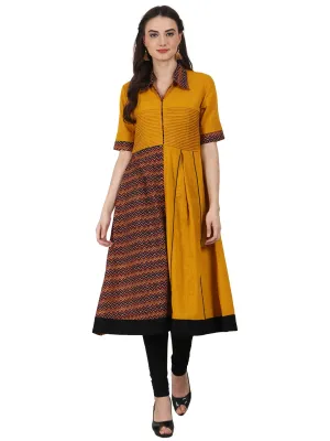 Women Yellow Half Sleeve Cotton Anarkali Kurta