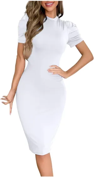 Women's Bodycon Ruched Pencil Dress Short Sleeve T Shirt Midi Sundress Slim Fitted Casual Party Club Tight Dresses