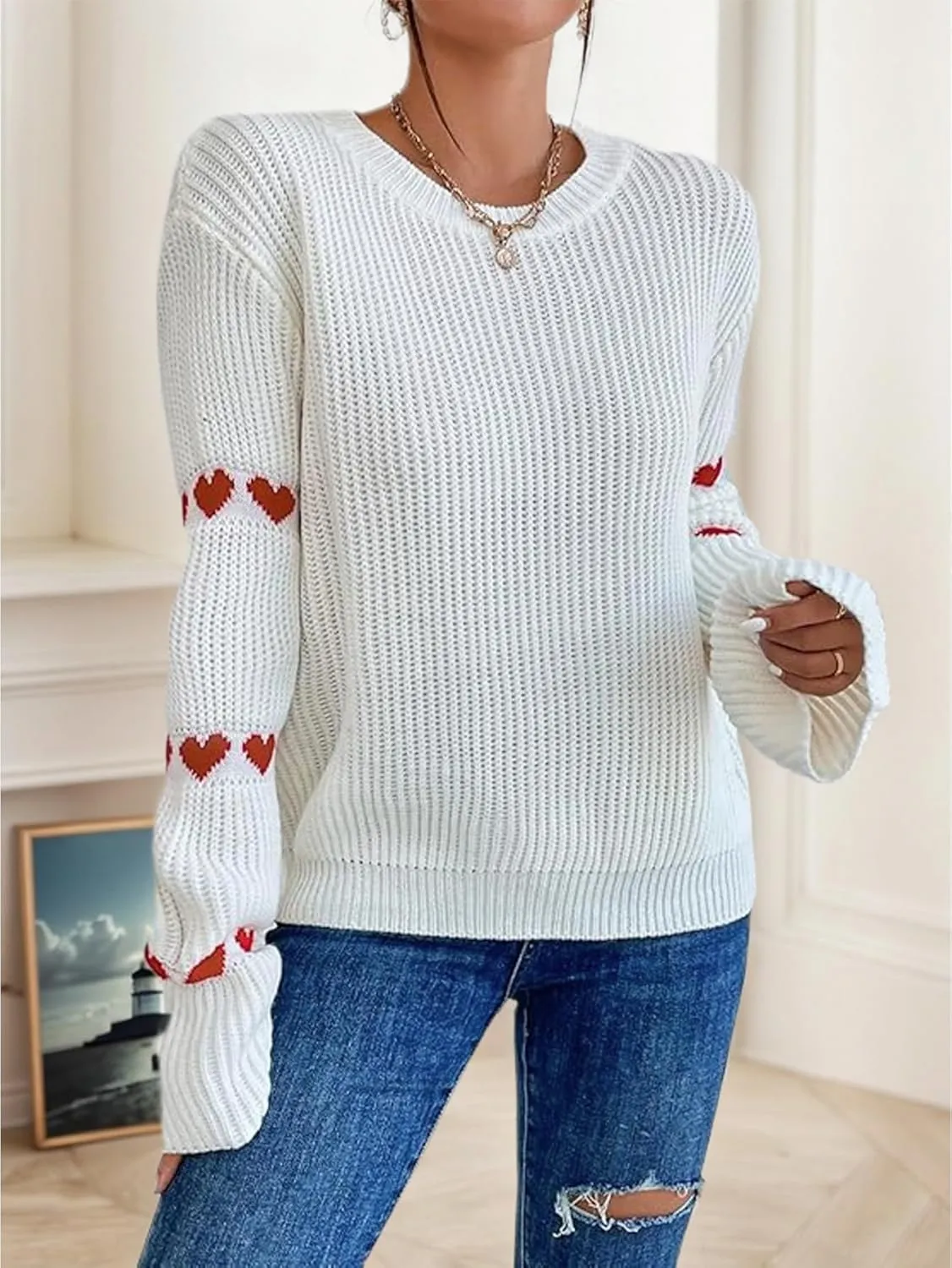 Women's Casual Heart Cute Sweater Round Neck Drop Shoulder Long Sleeve Knitted Pullover Sweater Top