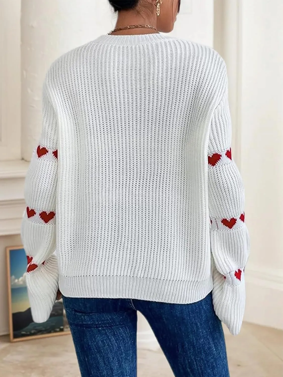Women's Casual Heart Cute Sweater Round Neck Drop Shoulder Long Sleeve Knitted Pullover Sweater Top