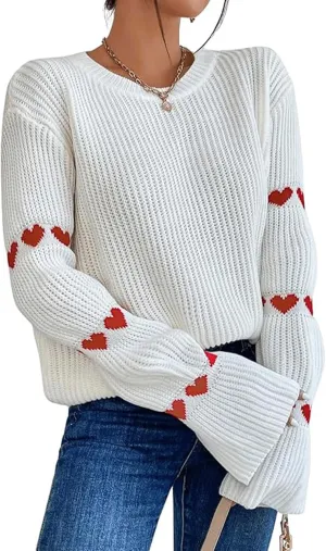 Women's Casual Heart Cute Sweater Round Neck Drop Shoulder Long Sleeve Knitted Pullover Sweater Top