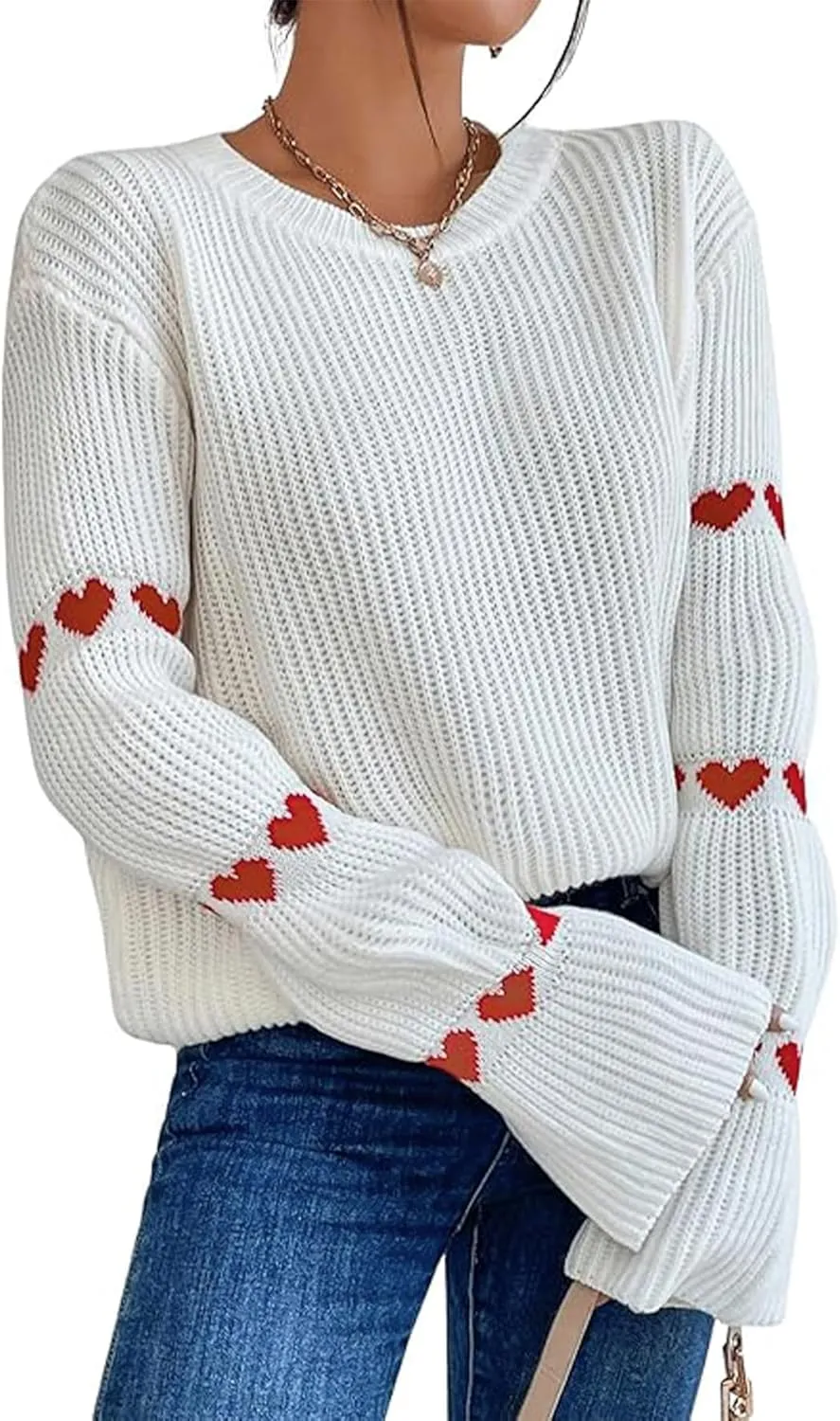 Women's Casual Heart Cute Sweater Round Neck Drop Shoulder Long Sleeve Knitted Pullover Sweater Top