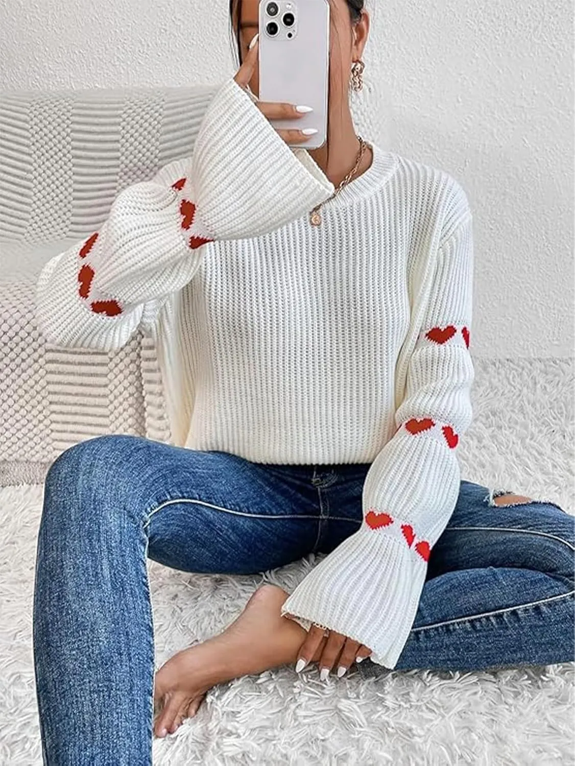 Women's Casual Heart Cute Sweater Round Neck Drop Shoulder Long Sleeve Knitted Pullover Sweater Top