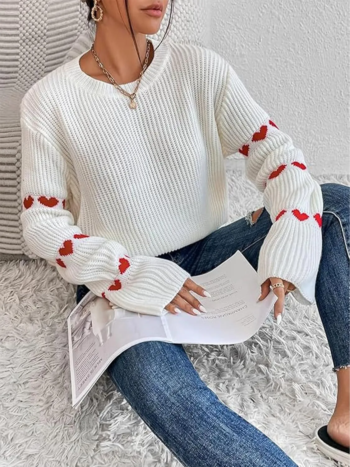 Women's Casual Heart Cute Sweater Round Neck Drop Shoulder Long Sleeve Knitted Pullover Sweater Top