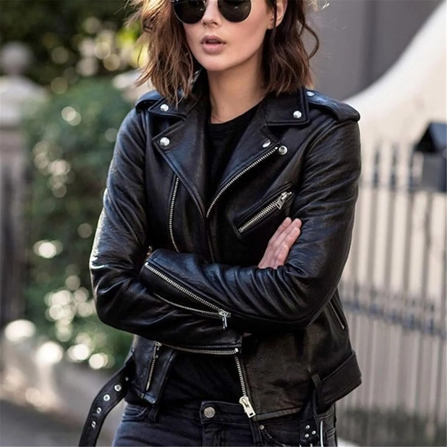 Women's Cropped Leather Jackets, Faux Motorcycle Plus Size Moto Biker Coat Short Lightweight Vegan Pleather Fashion