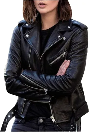 Women's Cropped Leather Jackets, Faux Motorcycle Plus Size Moto Biker Coat Short Lightweight Vegan Pleather Fashion