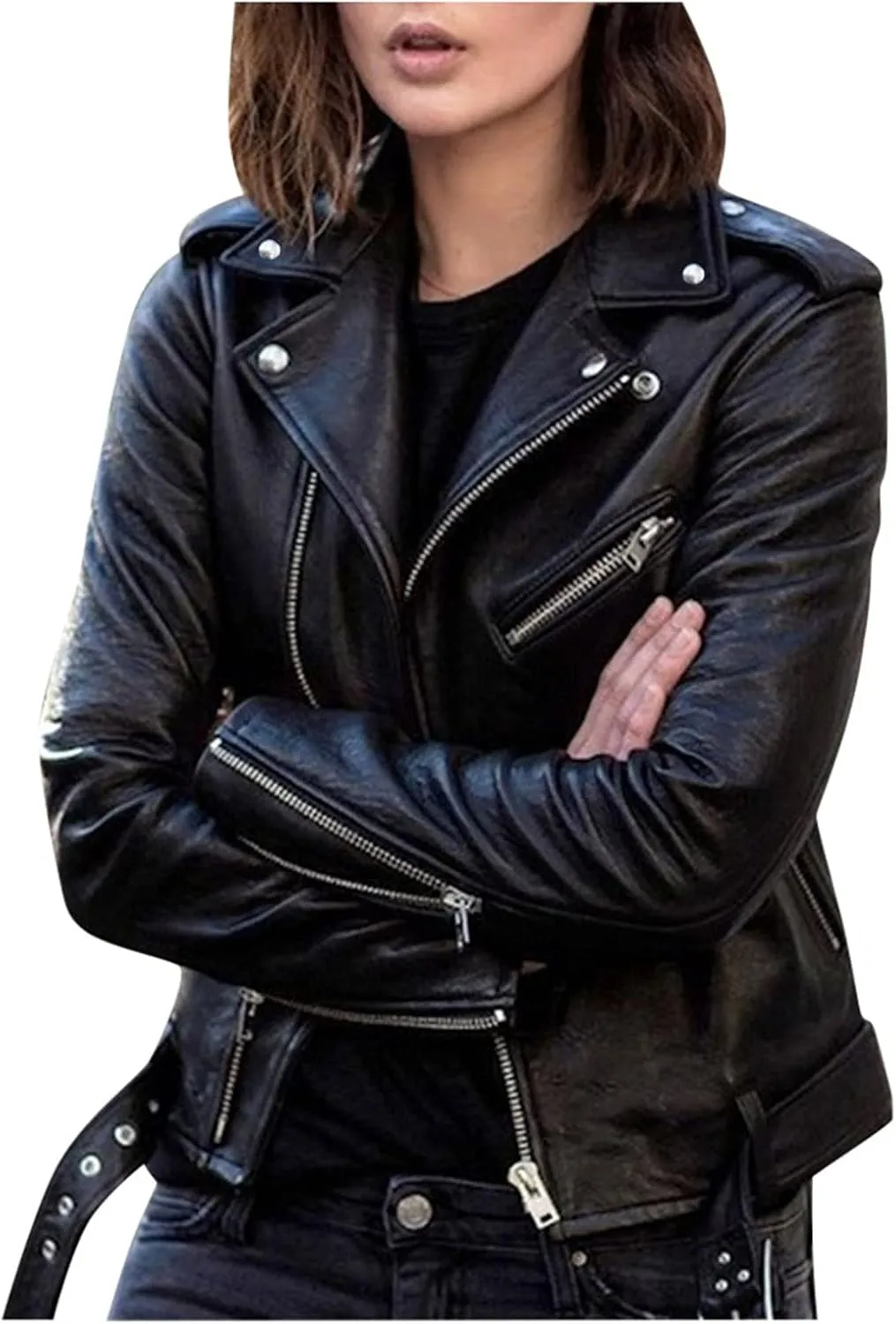 Women's Cropped Leather Jackets, Faux Motorcycle Plus Size Moto Biker Coat Short Lightweight Vegan Pleather Fashion