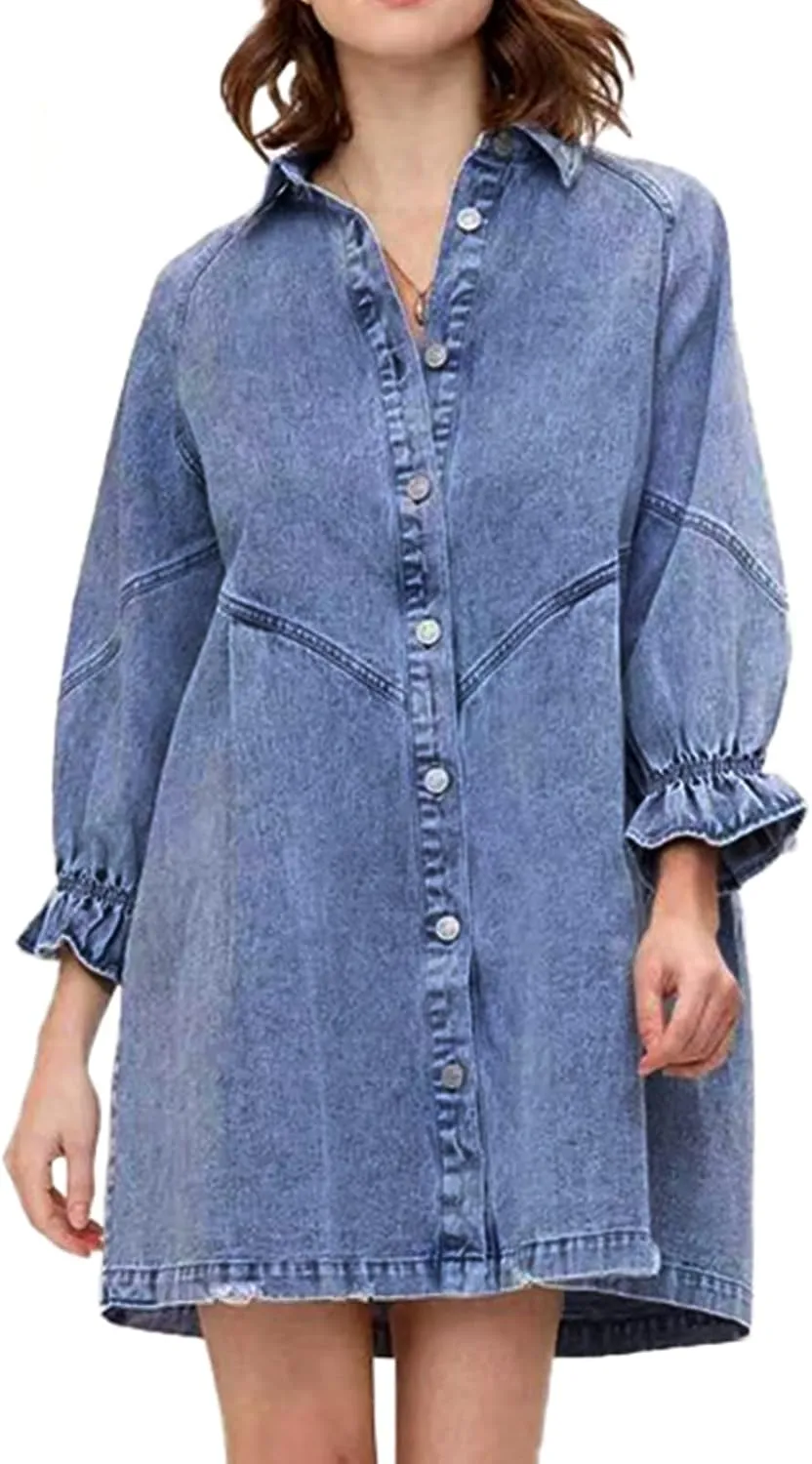 Women's Denim Shirt Dress 3/4 Long Sleeve Button Down Babydoll Jean Shirt Dresses