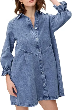 Women's Denim Shirt Dress 3/4 Long Sleeve Button Down Babydoll Jean Shirt Dresses