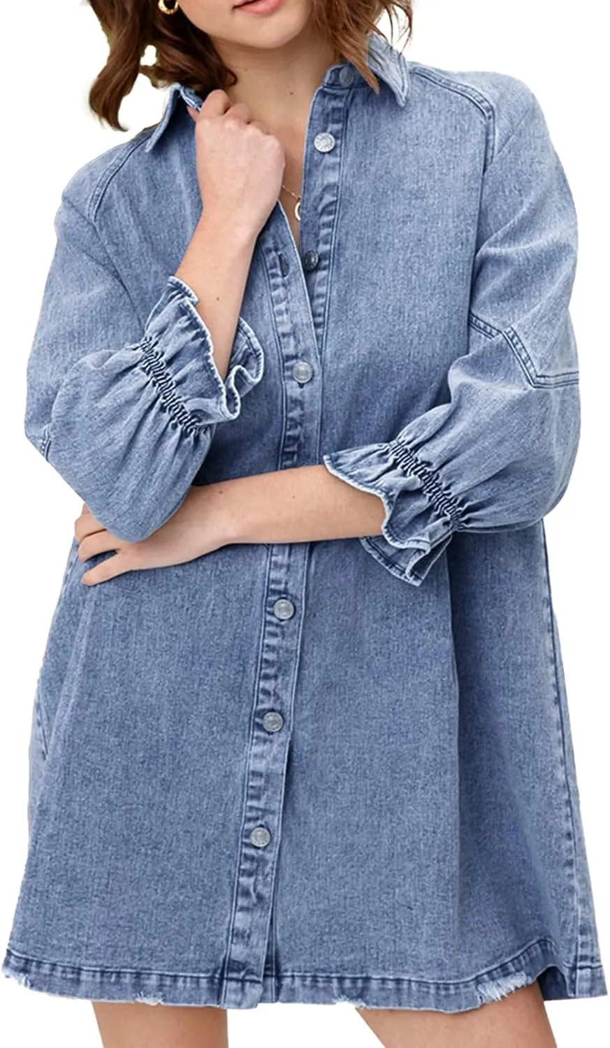 Women's Denim Shirt Dress 3/4 Long Sleeve Button Down Babydoll Jean Shirt Dresses