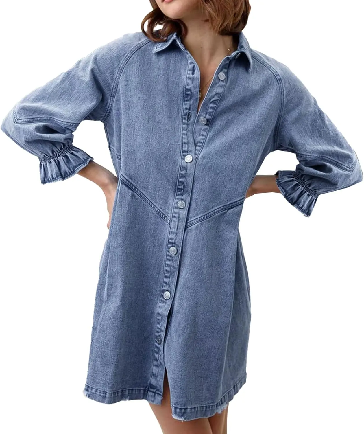 Women's Denim Shirt Dress 3/4 Long Sleeve Button Down Babydoll Jean Shirt Dresses