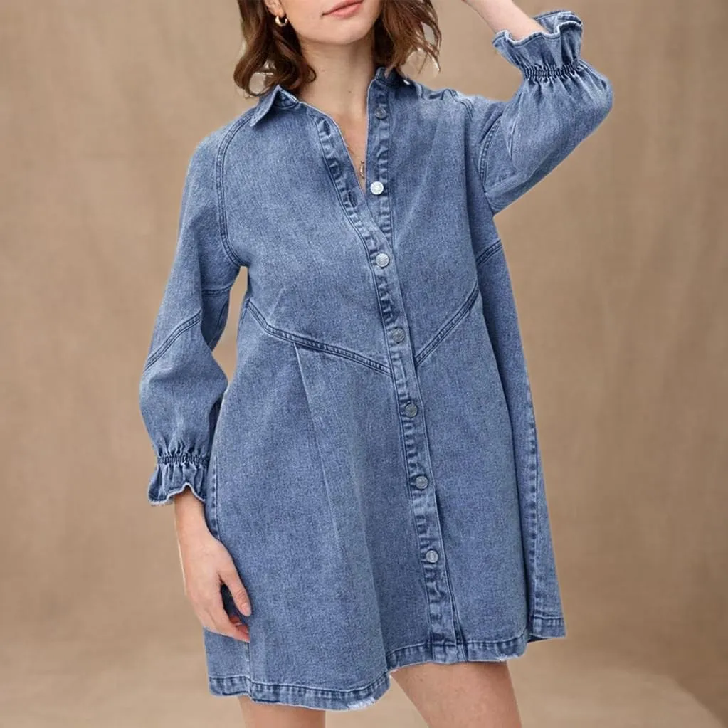 Women's Denim Shirt Dress 3/4 Long Sleeve Button Down Babydoll Jean Shirt Dresses