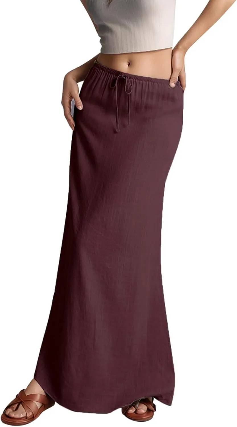 Womens Flared Maxi Skirt Summer Lightweight Drawstring High Waisted Skort Casual Breathable Solid Color A Line Skirt
