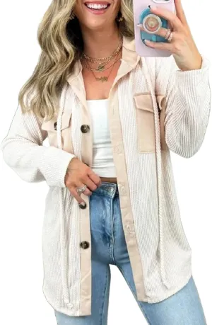 Womens Plaid Shacket Hooded Jackets Oversized Long Sleeve Button Down Coats Fleece Warm Coat with Pockets