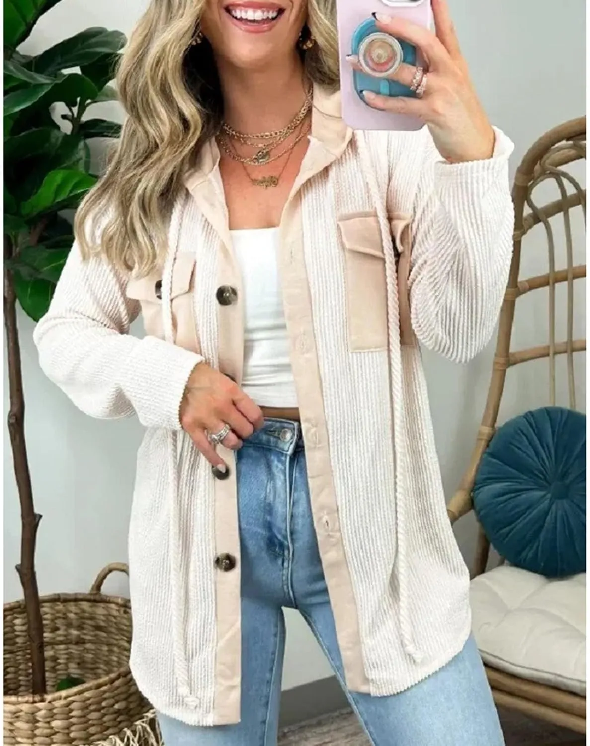 Womens Plaid Shacket Hooded Jackets Oversized Long Sleeve Button Down Coats Fleece Warm Coat with Pockets