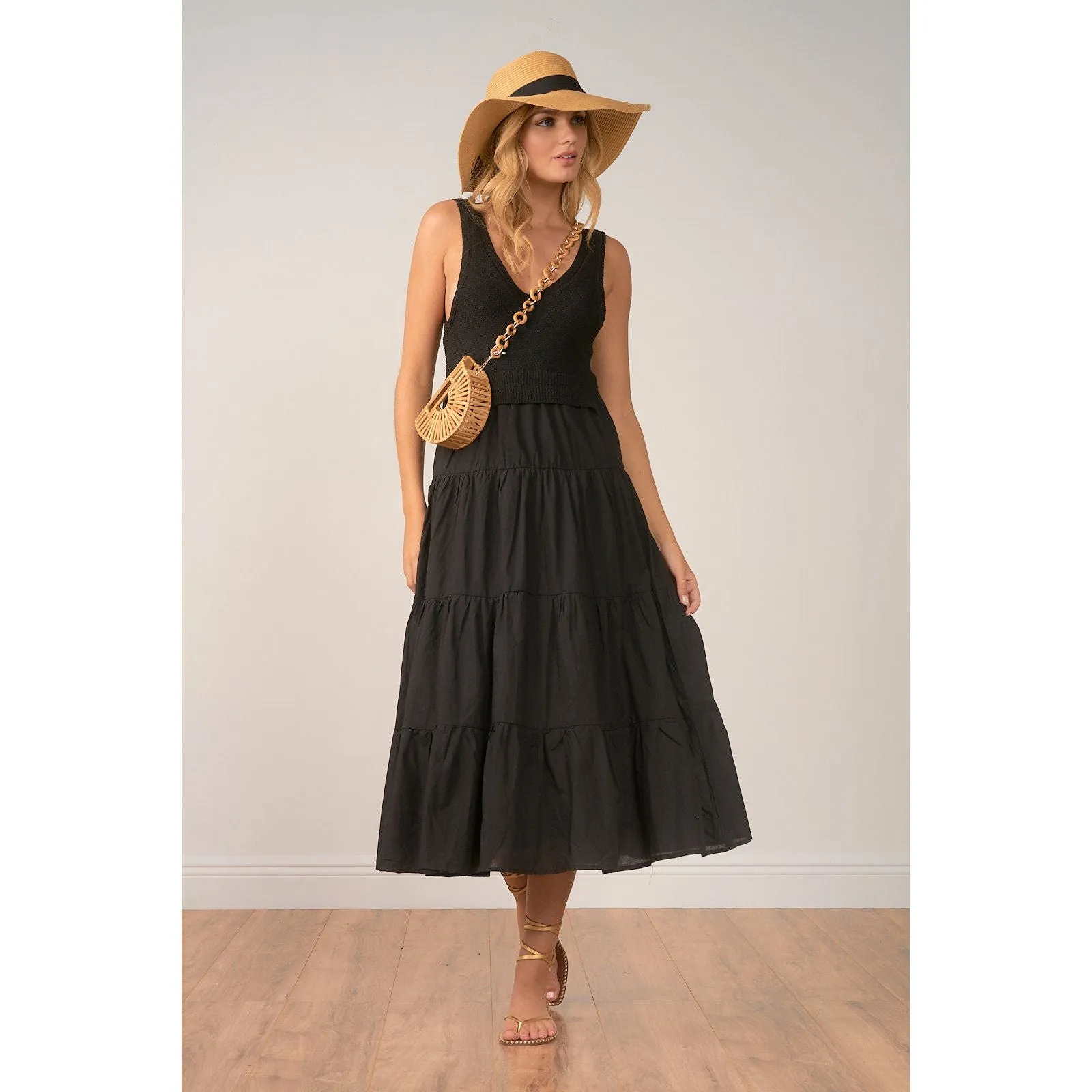 Woven & Knit Combo Midi Dress