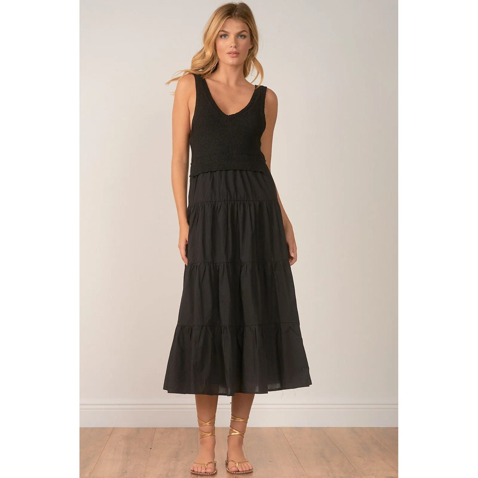 Woven & Knit Combo Midi Dress