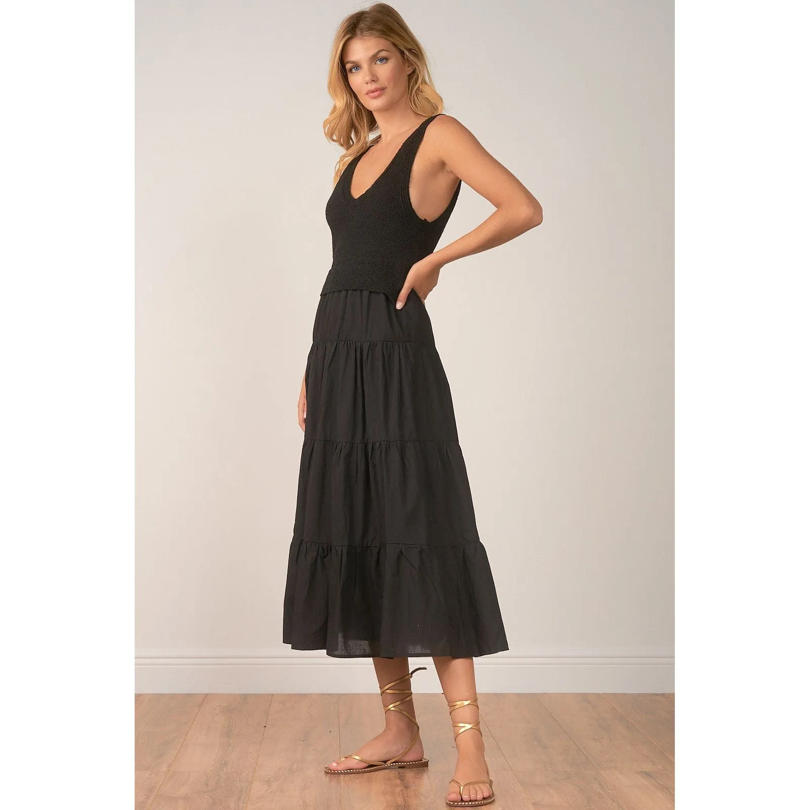 Woven & Knit Combo Midi Dress
