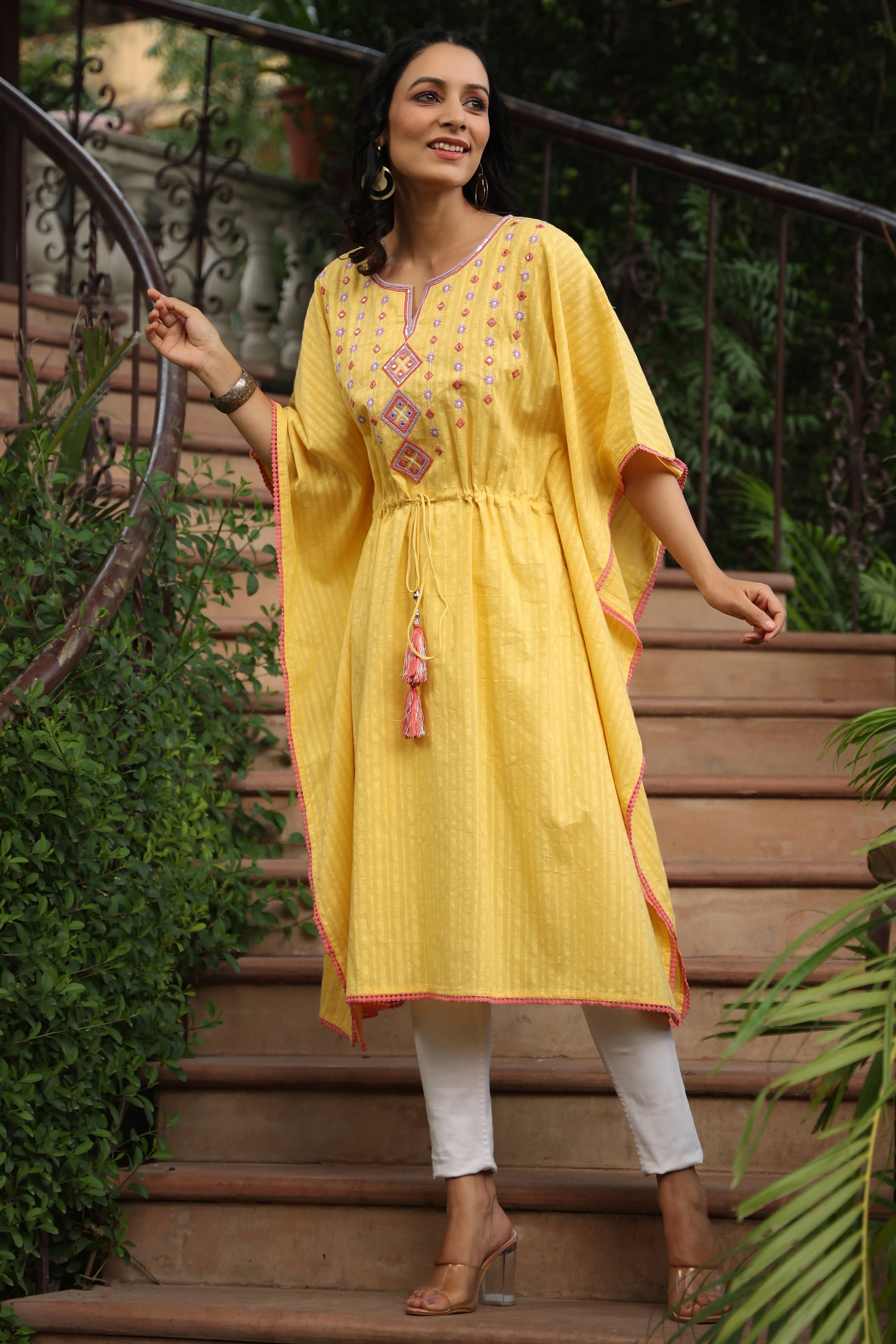 Yellow Cotton Dobby Embroidered Kaftan