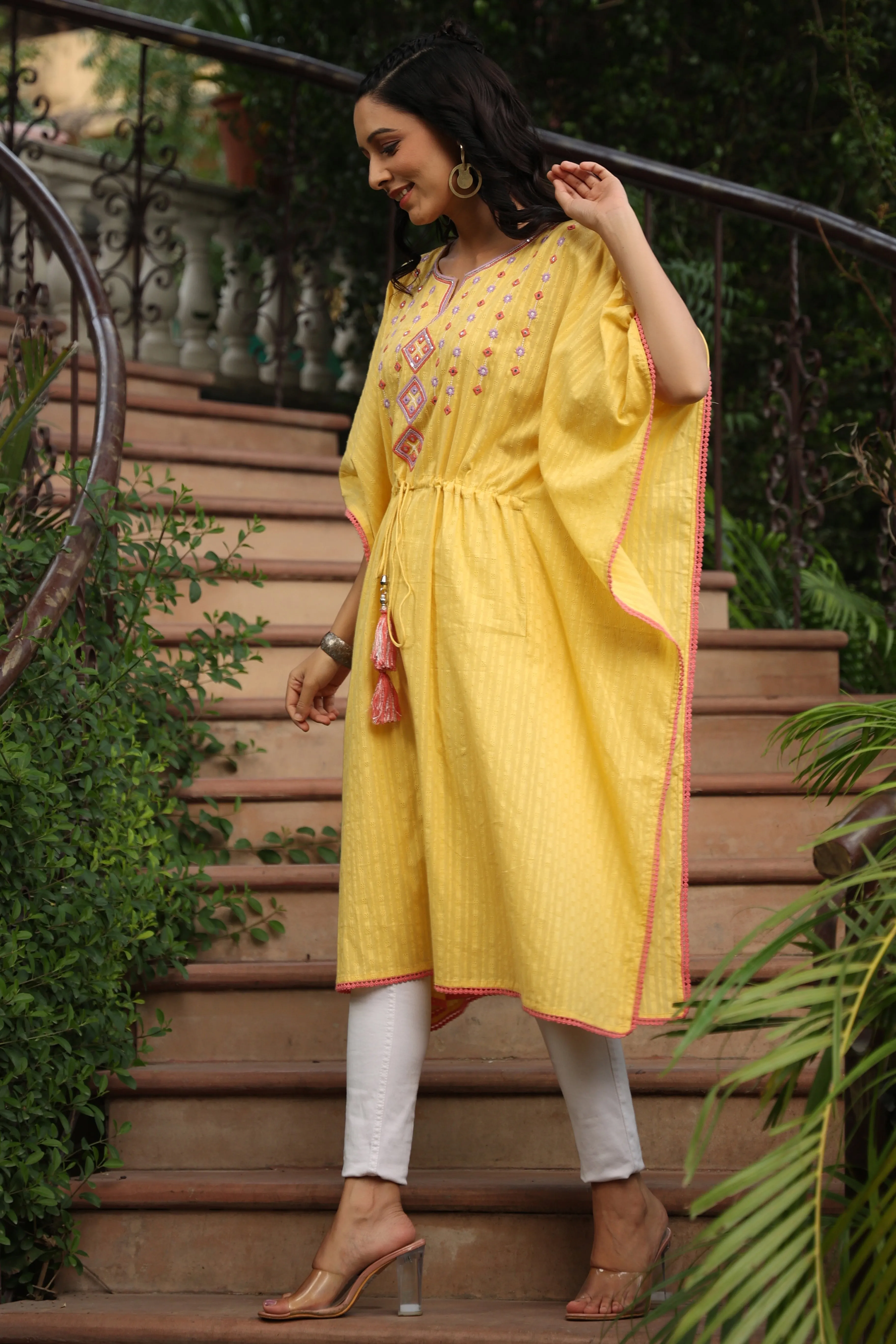 Yellow Cotton Dobby Embroidered Kaftan