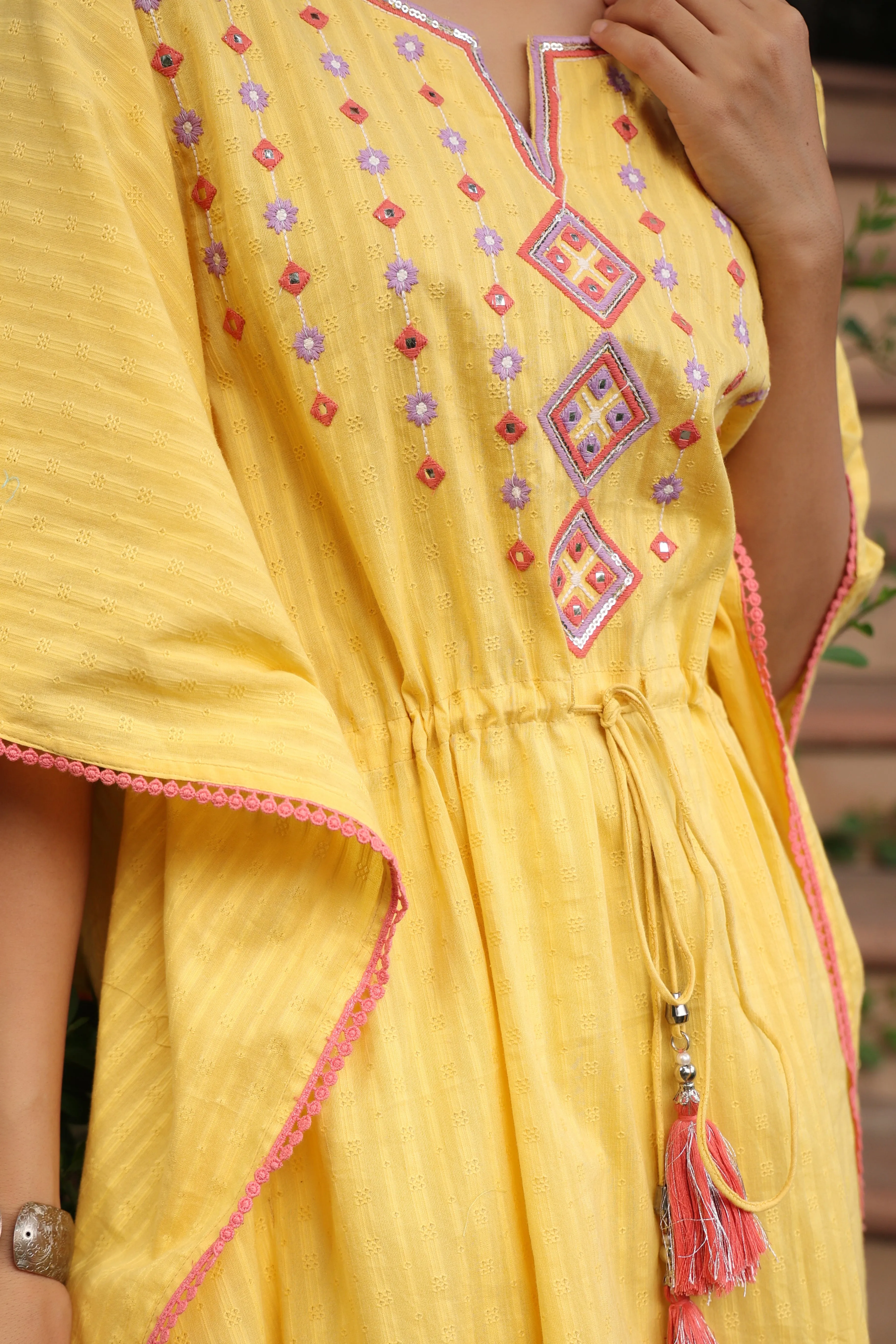 Yellow Cotton Dobby Embroidered Kaftan