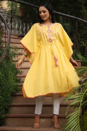 Yellow Cotton Dobby Embroidered Kaftan