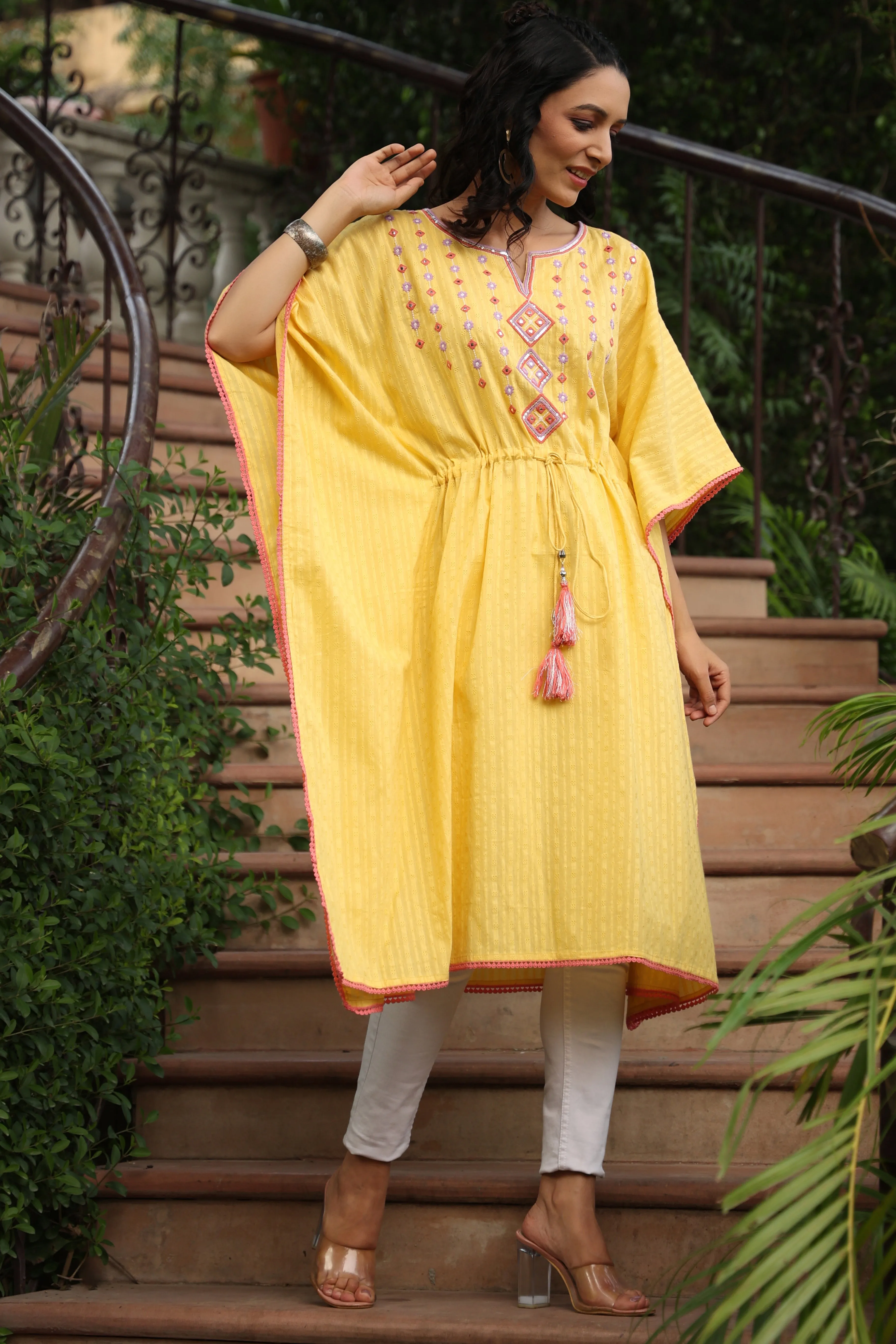 Yellow Cotton Dobby Embroidered Kaftan